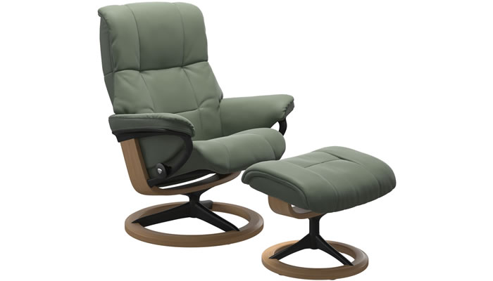 Stressless Mayfair Recliner with Signature Base and Stool in Batick Thyme Green Leather